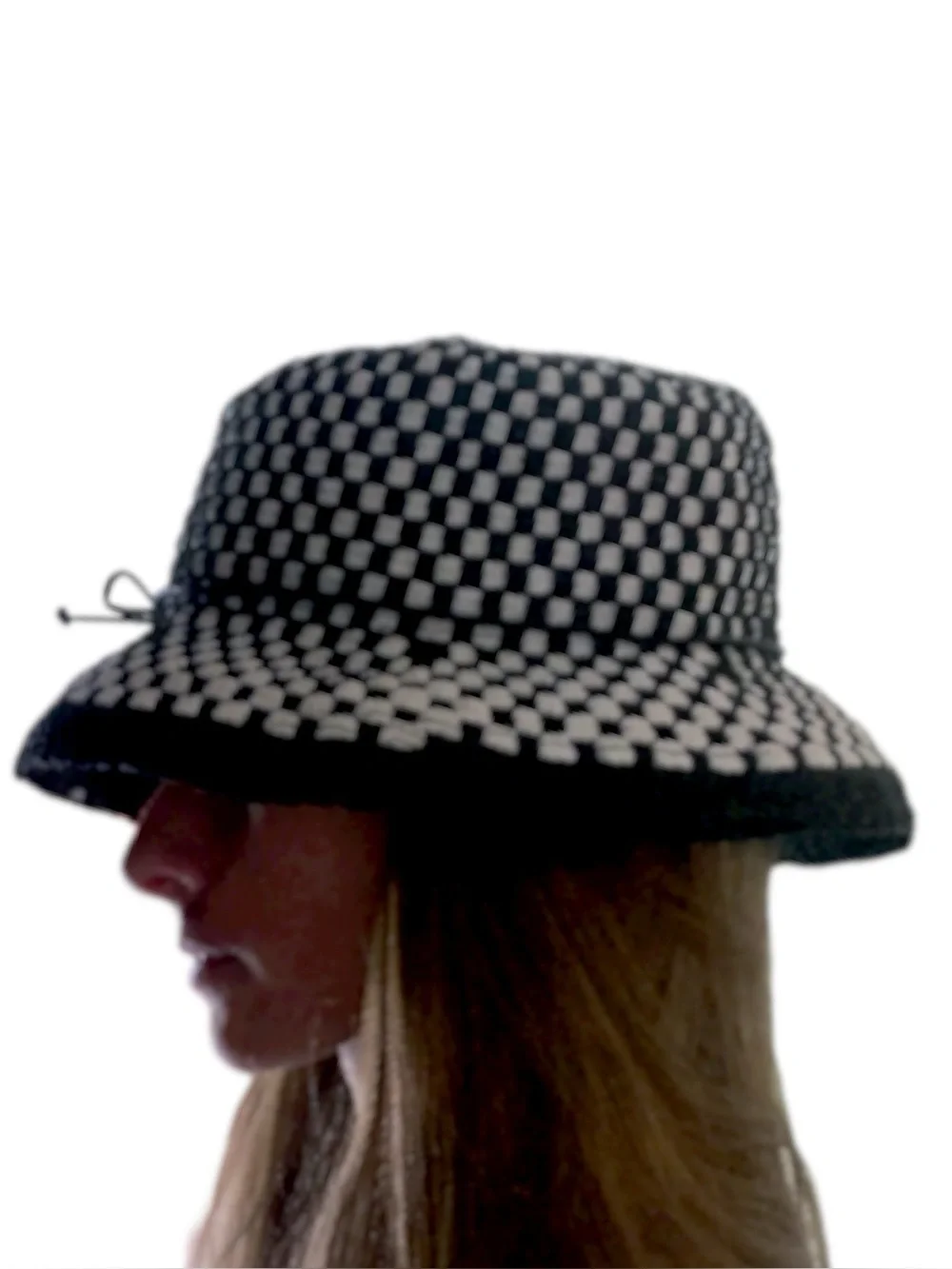 Nine West Black & White Checkerboard Woven Bucket Hat Bow Wide Brim